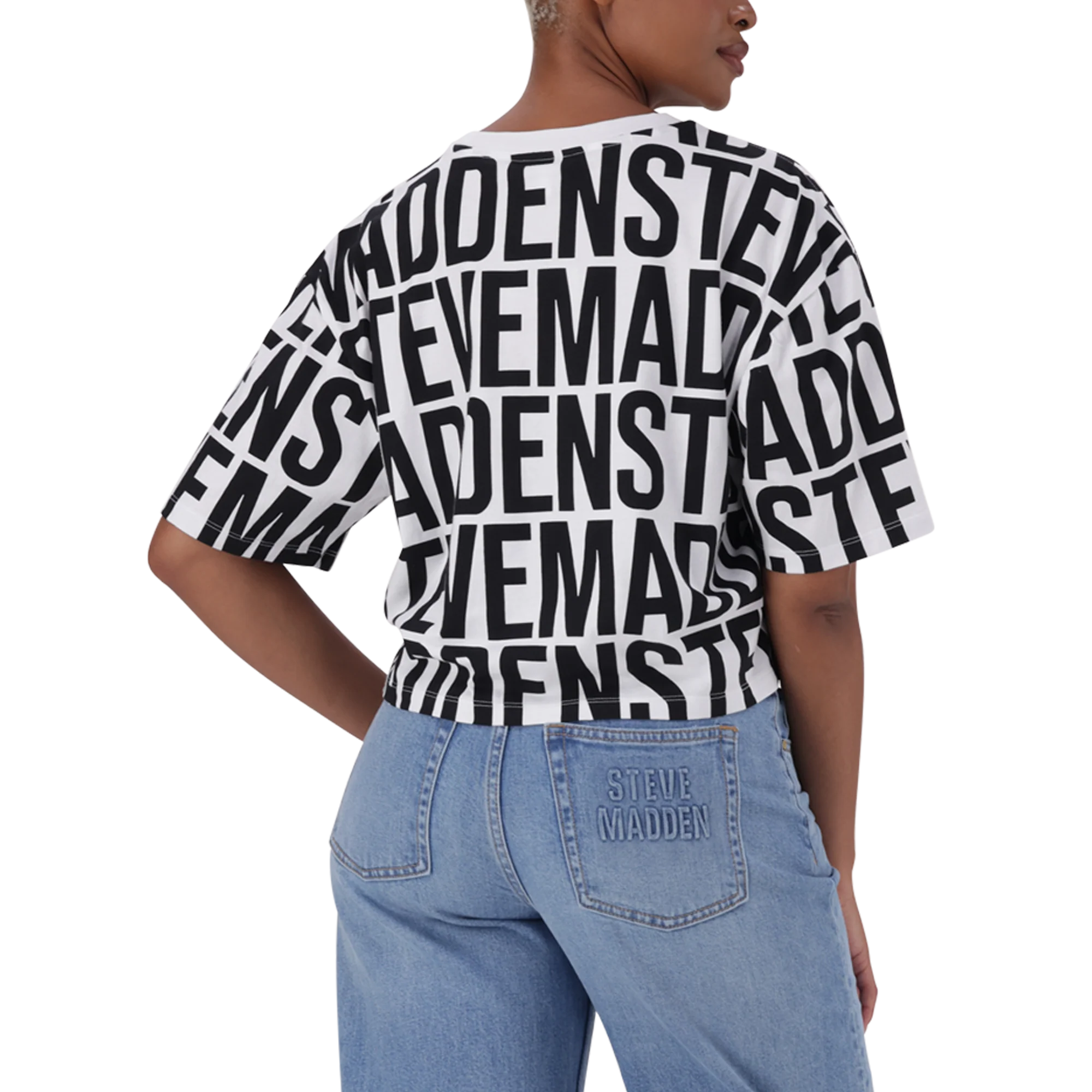Steve Madden ABBY WHITE BLACK CROPPED BOXY T-SHIRT