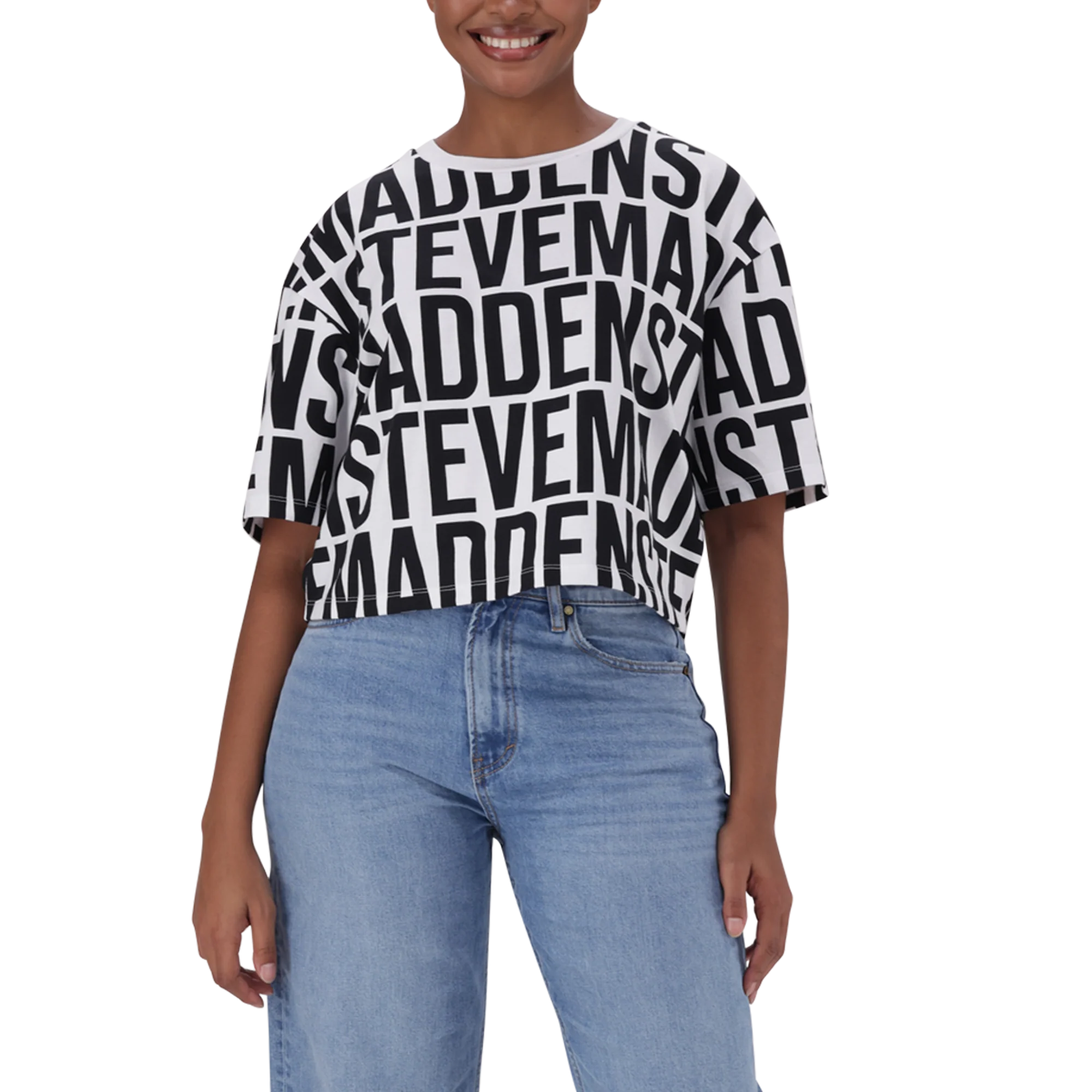 Steve Madden ABBY WHITE BLACK CROPPED BOXY T-SHIRT