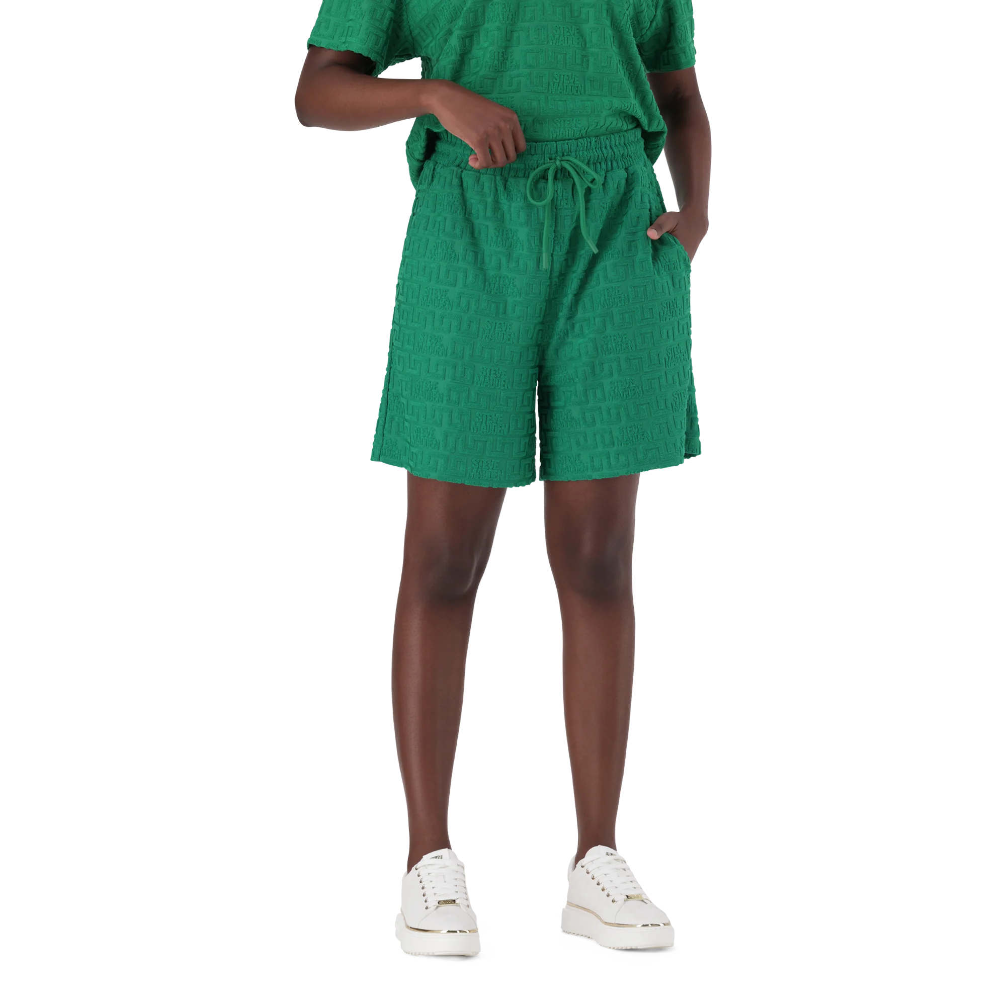 Steve Madden BELLA EMERALD EMBOSSED LOGO JOGGER SHORTS