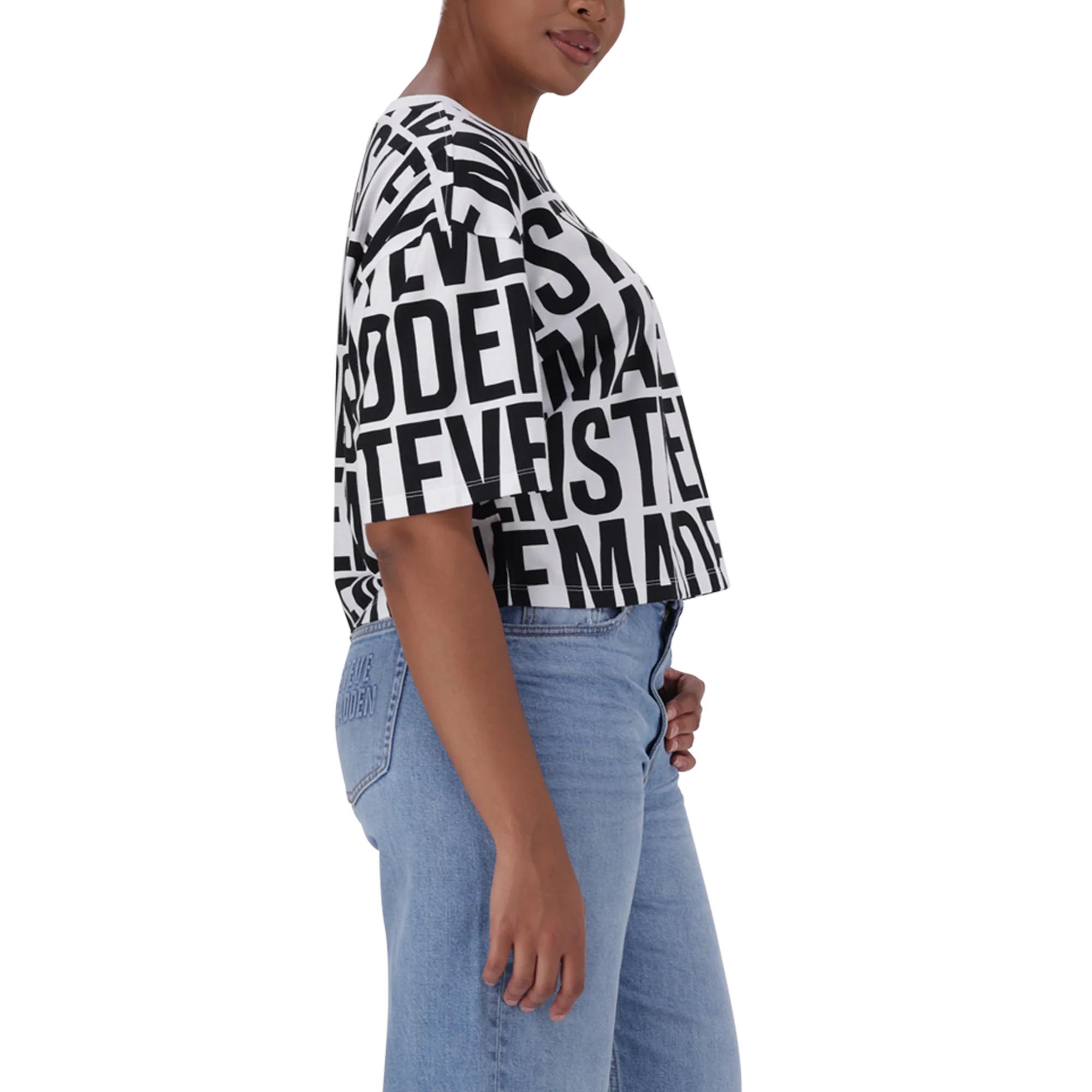 Steve Madden ABBY WHITE BLACK CROPPED BOXY T-SHIRT