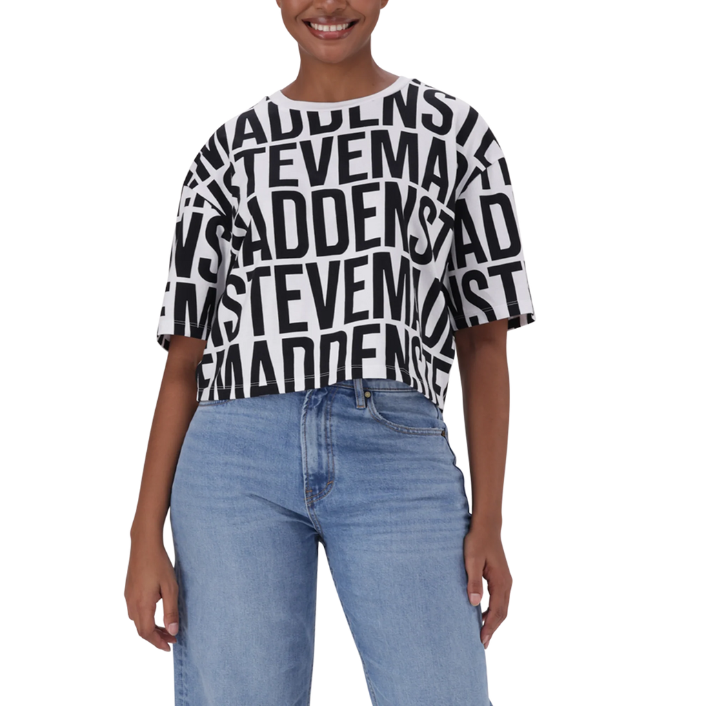 Steve Madden ABBY WHITE BLACK CROPPED BOXY T-SHIRT